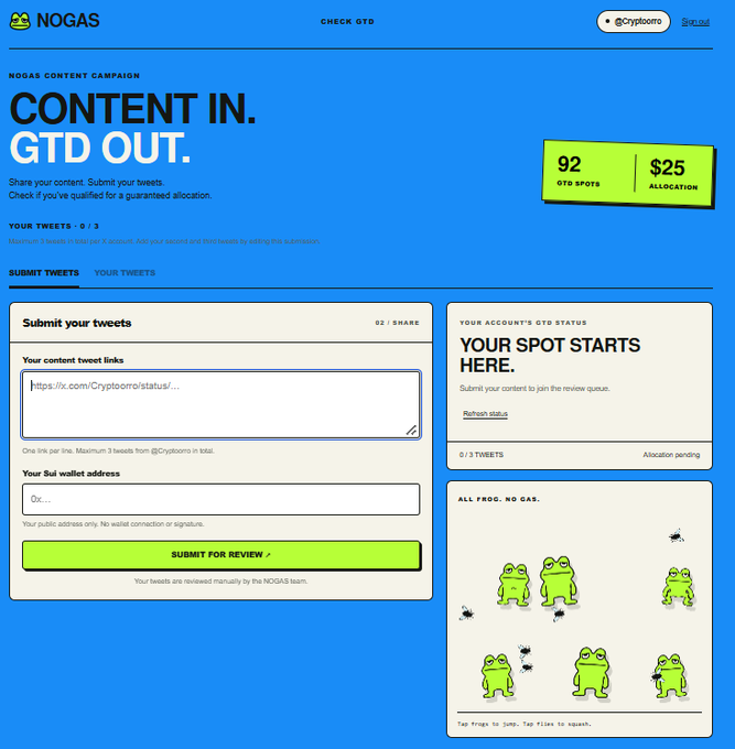 A blue “NOGAS” webpage for a “NOGAS CONTENT CAMPAIGN” reads “CONTENT IN. GTD OUT.” and shows “92 GTD SPOTS” and “$25 ALLOCATION,” with a “Submit your tweets” form, “0 / 3 TWEETS,” and “YOUR SPOT STARTS HERE.”