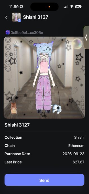 A mobile app screenshot displays an NFT listing for "Shishi 3127" on the Ethereum chain, showing a cartoon character with purple hair and pink pants, with a "Last Price" of $27.67 and a blue "Send" button.