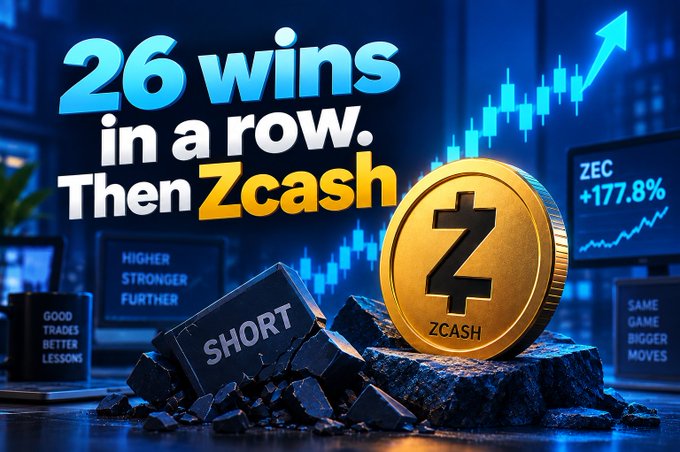 A promotional thumbnail-style graphic featuring bold text '26 wins in a row. Then Zcash' alongside a large gold ZCASH coin, a 'SHORT' tag, and price tags showing '+177.8%' and 'ZEC', with an upward-trending candlestick chart in the background.