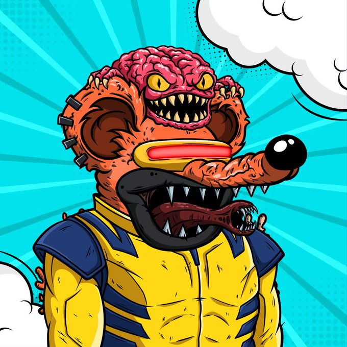 A grotesque pop-art illustration features a monstrous character with a small brain monster on top, a large orange snout with a black nose, and a wide open mouth showing sharp teeth, set against a teal background.