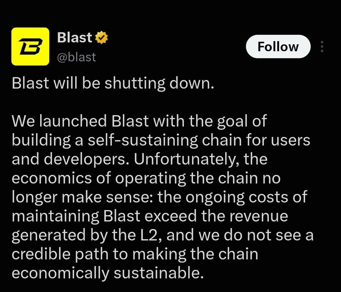 A screenshot of a tweet from Blast (@blast) announcing that Blast will be shutting down, citing that the costs of maintaining the L2 chain exceed its revenue.