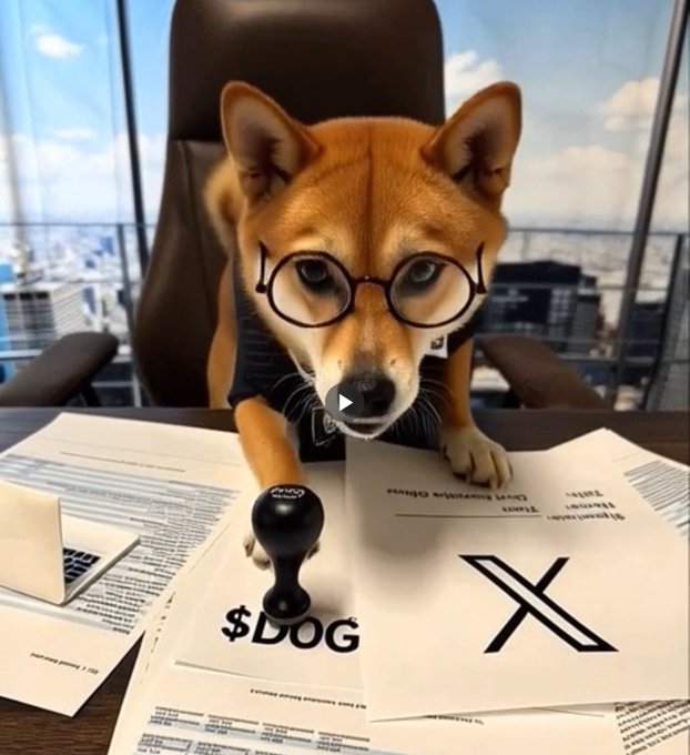 A Shiba Inu dog wearing glasses sits at a desk stamping "$DOG" on official paperwork featuring the "X" logo (formerly Twitter). The image humorously portrays the canine mascot as an executive finalizing the ticker symbol "#DOG / $dog," tying into the post's reference to the DOG meme-inspired cryptocurrency.