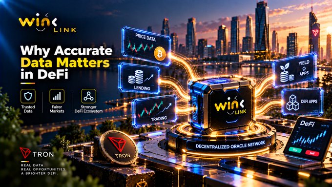 A promotional graphic for "WINkLink" titled "Why Accurate Data Matters in DeFi," featuring holographic displays of price data, lending, trading, yield, and DeFi apps connected to a central Tron-branded oracle node against a city skyline.