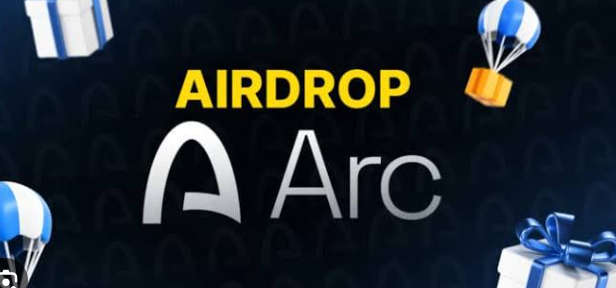A promotional graphic featuring "AIRDROP Arc" in bold yellow and white text, surrounded by festive gift boxes and parachuting presents against a dark background, visually reinforcing the announcement of Arc Mainnet's launch and the potential ARC token airdrop opportunity.