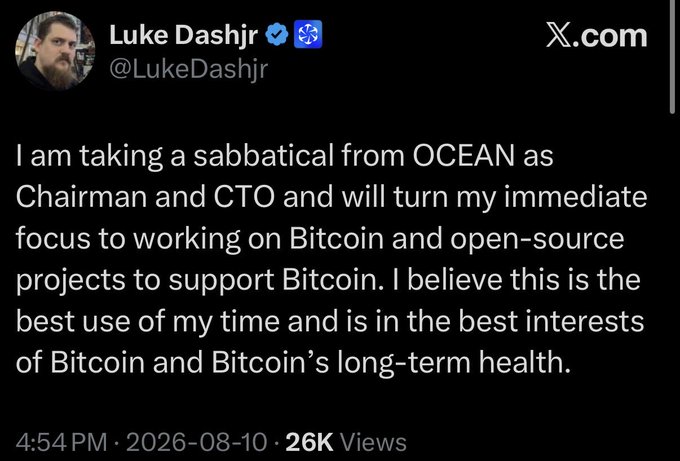 A tweet from Luke Dashjr (@LukeDashjr) dated August 10, 2026, announcing he is taking a sabbatical from OCEAN as Chairman and CTO to focus on Bitcoin and open-source projects. The accompanying post comments on the news, mocking him by suggesting he was fired from OCEAN and will now work on his "shitcoin."