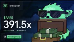 A TokenScan graphic shows a sunglasses-wearing cartoon character beside stacks of cash, highlighting “$PARE 391.5x,” “Called at $44.5K,” and “12/19–15m.” It visually promotes the post’s claim of a $23K gain on $PARE and references an upcoming airdrop.