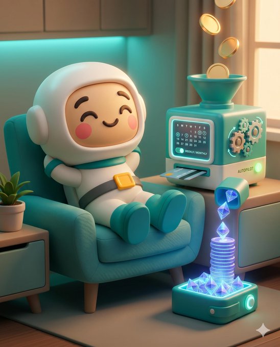 The image features a cartoon character wearing an astronaut suit sitting in a chair with their feet up, surrounded by various objects such as a green box, a computer monitor, and some coins falling from above. The scene also includes a potted plant on one side of the room and a desk next to it. The post is about setting up recurring crypto purchases using the MEW mobile wallet service, which can be accessed through a mobile device or desktop computer.