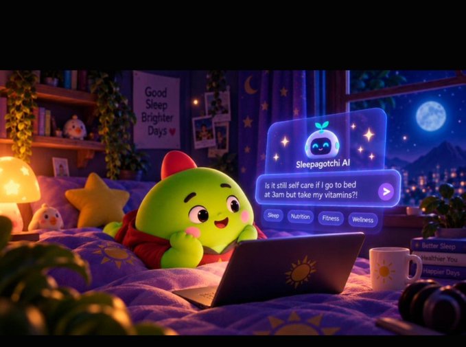 An animated green turtle character lying in bed using a laptop, interacting with a 'Sleepagotchi AI' chatbot that asks 'Is it still self care if I go to bed at 3am but take my vitamins?!' with options for Sleep, Nutrition, Fitness, and Wellness.