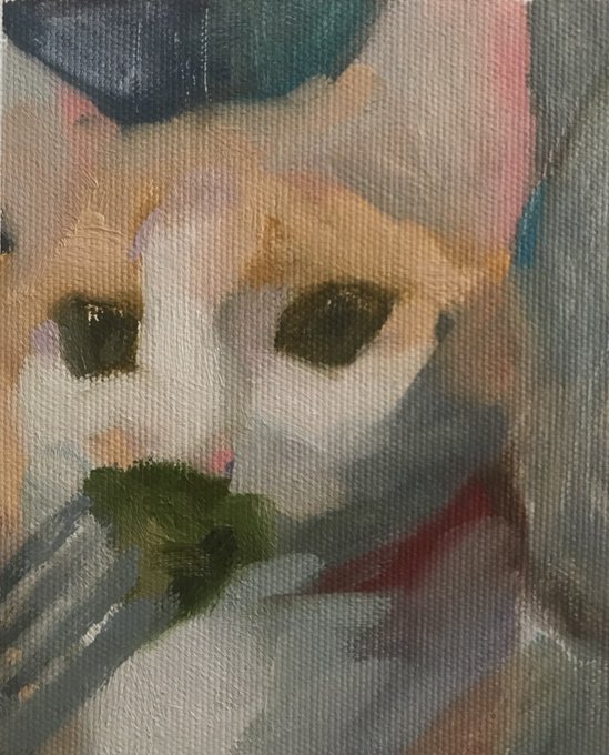 A close-up of an abstract painting featuring expressive brushstrokes in muted tones of green, white, pink, and gray, with a small green broccoli-like form near the bottom-left. The artwork corresponds to the title "Once upon a time, Broccoli" by artist @Arashmonlu, shared by a collector on the @objktcom platform.