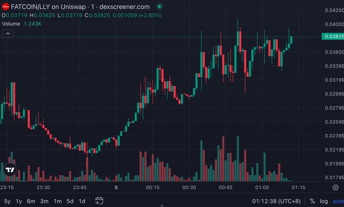 A candlestick chart on dexscreener.com shows the FATCOIN/LLY token pair on Uniswap, trading at 0.03825 with a 2.85% gain and 1.243K volume, displaying a strong upward trend from lows around 0.02595 to highs near 0.04000, illustrating the volatile pump-and-dump activity of memecoins launched via the o1 launchpad mentioned in the post.