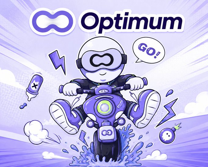 A promotional illustration for "Optimum" featuring a cartoon mascot in a white helmet and purple goggles riding a futuristic motorcycle, with a speech bubble saying "GO!".