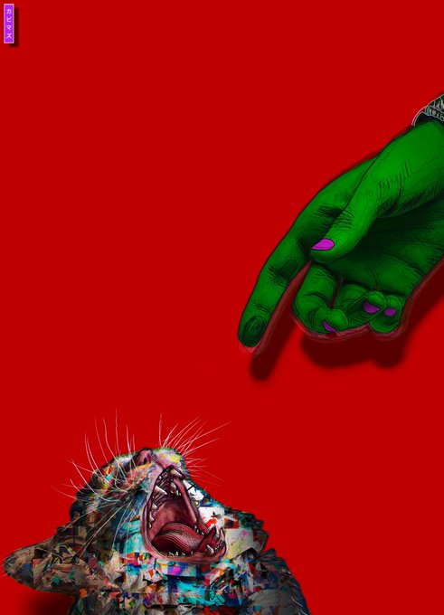 A stylized digital artwork with a red background showing a green hand pointing downward toward a roaring cat-like creature with glitch art effects.