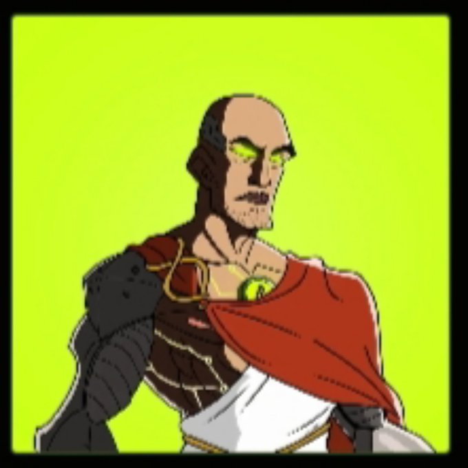 Digital artwork of a bald, scarred warrior character with glowing yellow eyes, wearing Roman-style armor including a red cape and metal arm guard, set against a bright green background.