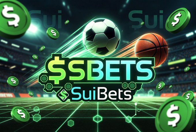 Promotional graphic for 'SuiBets' featuring dollar sign coins, a soccer ball, a basketball, and the 'Sui' logo over a stadium background.