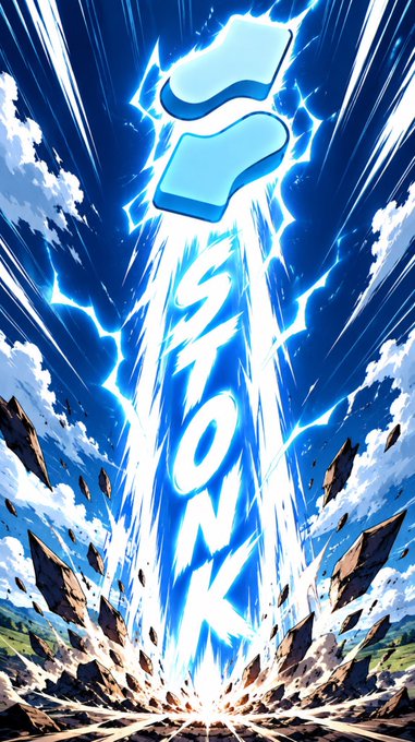 The image depicts a dramatic, comic-book style illustration of a massive blue energy beam crashing down from the sky, splitting the ground and scattering rocks, with the stylized text "STONK" emblazoned vertically across the beam. At the top, a glowing blue logo resembling a stylized "F" (similar to the Facebook/Meta logo) is visible, suggesting "gSTONK" relates to the financial theme of massive, rocket-like upward surges in stock value, with "g" likely standing for "go" or representing a Google-like variant.