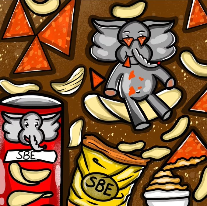A cartoon-style illustration featuring an elephant character surrounded by snack foods like chips, Doritos-style triangles, bananas, and Pringles-style cans labeled 'SBE'.