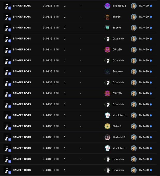 A screenshot of NFT transactions showing multiple purchases of 'BANGER BOTS' for around 0.0133 ETH each, with various buyers paying TMA420 for each transaction.