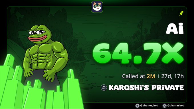 A Phanes Bot promotional graphic featuring Pepe the Frog standing on a green bar chart, advertising 'Ai 64.7x Called at 2M' with 'KAROSHI'S PRIVATE' branding.