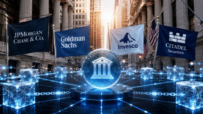 A digital composite image displaying flags for JPMorgan Chase & Co., Goldman Sachs, Invesco, and Citadel Securities, set against a financial district backdrop with a glowing bank icon and blockchain-style graphics.