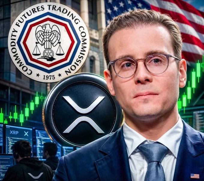 A man in glasses and a blue suit stands in front of an American flag and the Commodity Futures Trading Commission (CFTC) logo, with an XRP coin displayed and candlestick charts visible in the background.