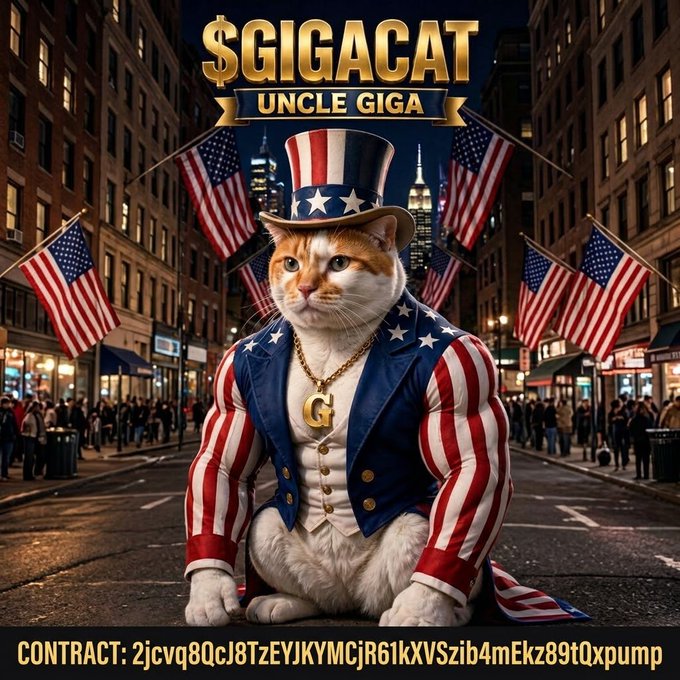 A promotional meme image for '$GIGACAT' showing an orange and white cat dressed as Uncle Sam in an American flag suit and top hat, sitting on a city street with American flags, with a contract address '2jcvq8QcI8TzEYJKYMCjR6IkXVSzib4mEkz89tQxpump' displayed at the bottom.