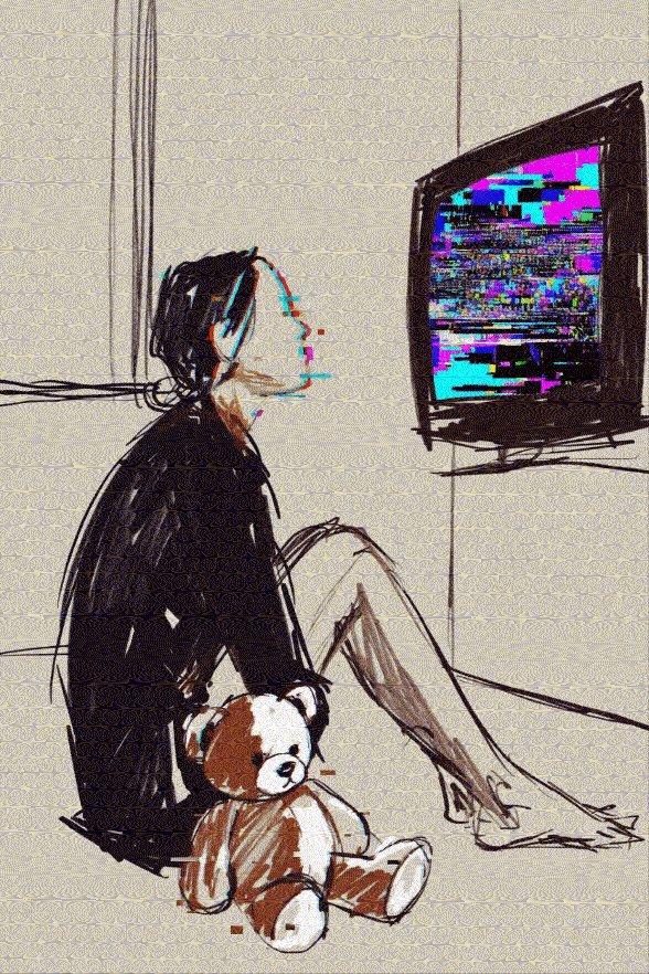 The image features a woman sitting on the floor with a teddy bear beside her, both appearing to be in a state of rest or relaxation. The scene seems to depict a moment of tranquility as they enjoy each other's company. The image is accompanied by a caption that reads "Gm Child of the broken signals @manifoldxyz". This phrase adds an artistic touch and ties the visual elements together, creating a cohesive and visually appealing piece.