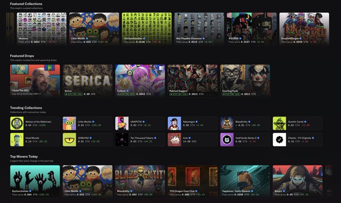 A cryptocurrency/NFT marketplace interface displays sections for 'Featured Collections,' 'Featured Drops,' 'Trending Collections,' and 'Top Movers Today' with various NFT listings and floor prices.