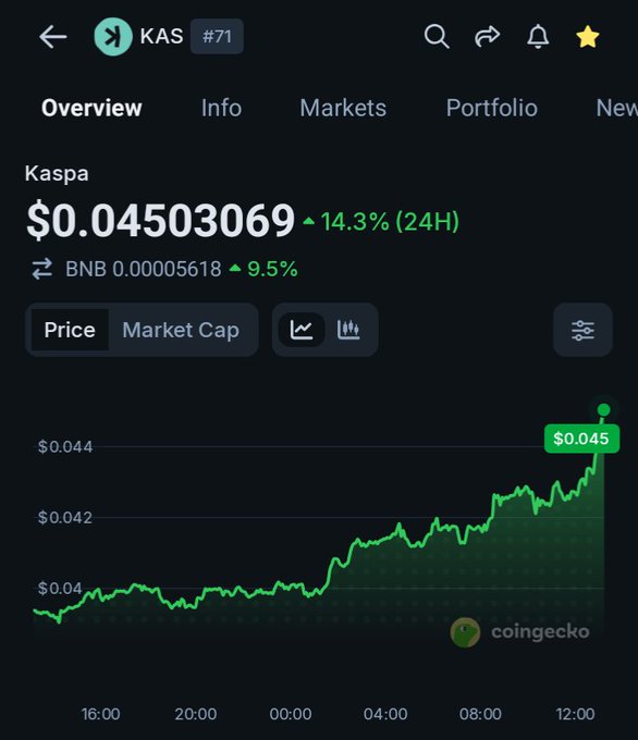 A cryptocurrency tracking app shows 'Kaspa' (KAS) priced at '$0.04503069' with a '14.3% (24H)' increase, featuring an upward green trend line chart.