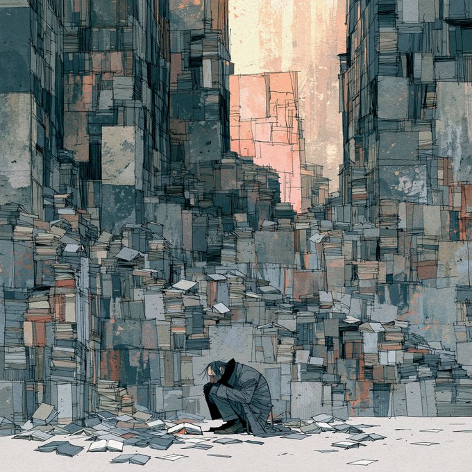 A melancholic illustration of a lone, hunched figure in dark clothing sitting amid towering piles of books and papers in a massive library-like structure.