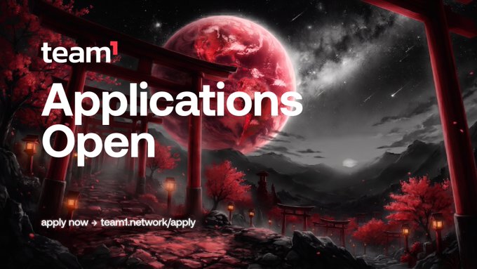 The image features a poster with a red background that displays an illustration of a planet surrounded by trees, mountains, and a moon. The text on the poster reads "Team 1 Applications Open" and encourages people to apply for the team.