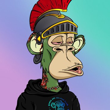 A cartoon illustration of a green monkey character with stitches on its neck wearing a black hoodie and a Roman-style helmet, set against a gradient background.