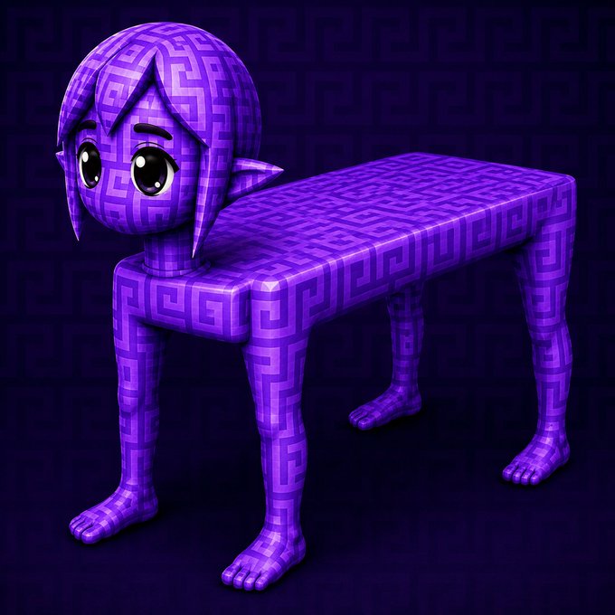 A 3D render of a purple, patterned bench with an anime-style character's head on one end, set against a dark purple background.