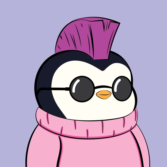 A cartoon penguin wearing round black sunglasses and a pink hoodie with a purple mohawk.