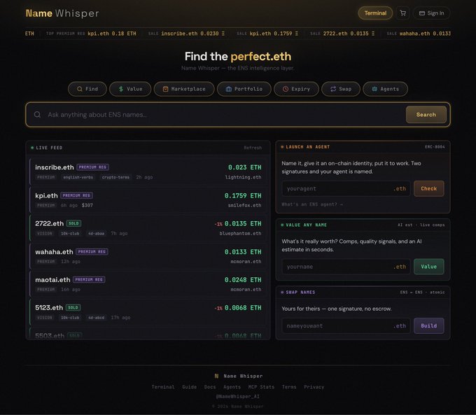 A screenshot of the 'Name Whisper' website, an ENS intelligence layer for finding .eth domains, displaying a live feed of premium names with ETH prices, and tools to launch agents, value names, and snap names.