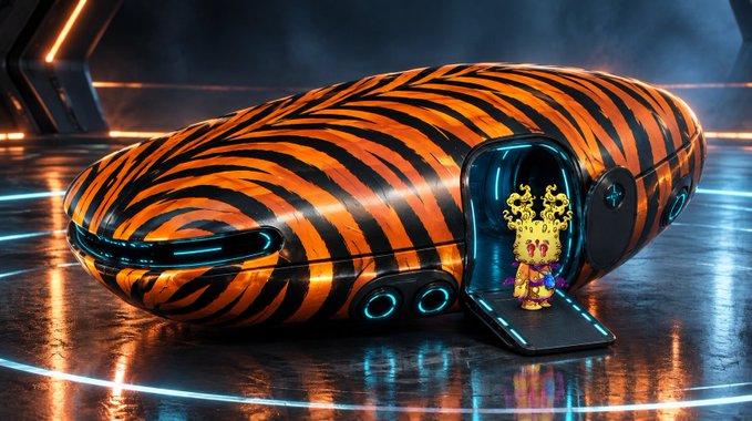 A futuristic vehicle with orange and black tiger stripes sits in a neon-lit garage, with a small ornate character emerging from its open door.