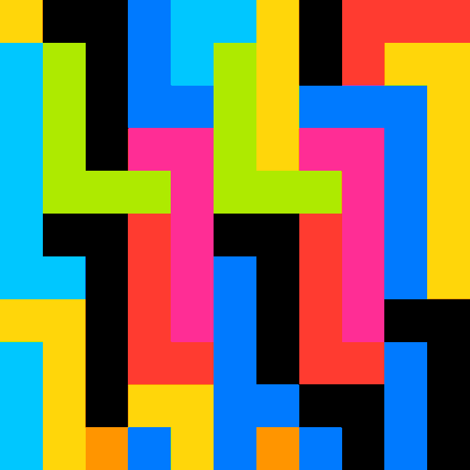 An abstract geometric pattern composed of colorful blocks in cyan, green, pink, red, yellow, and black.