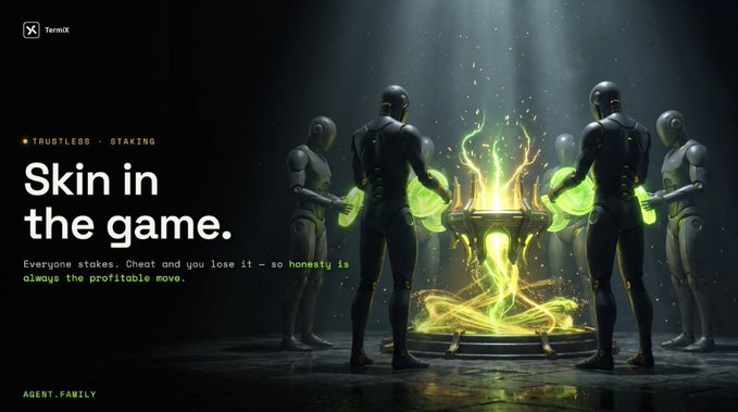 A Termix advertisement with the tagline 'Skin in the game.' featuring Trustleg Staking, depicting humanoid figures around a glowing green cauldron with the text 'Everyone stakes. Cheat and you lose it – so honesty is always the profitable move.'