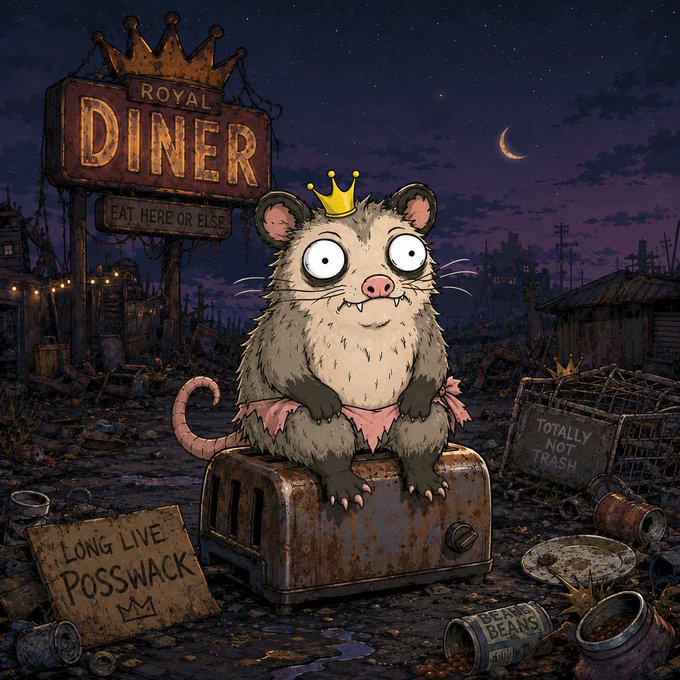 An illustration of a wide-eyed rat wearing a gold crown and a pink cloth, sitting on a rusty toaster in a post-apocalyptic wasteland, with a 'Royal Diner' sign, a 'Long Live Posswack' sign, and a 'Totally Not Trash' crate.