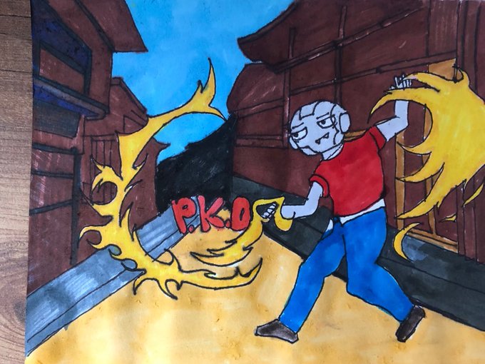 A hand-drawn, stylized cartoon illustration of a character in a red shirt and blue jeans throwing yellow energy blasts, with a "P.K.O" text effect on a black projectile.