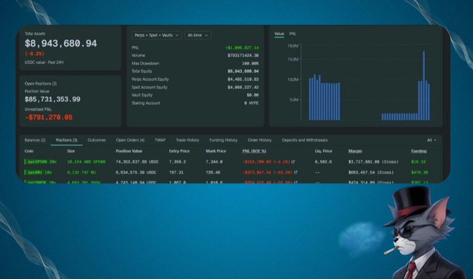 A cryptocurrency trading dashboard showing total assets of $8,943,680.94 with an unrealized PnL of -$791,270.05, featuring a cartoon wolf in a top hat smoking a cigar.