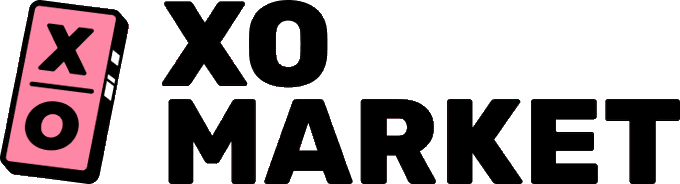 A logo featuring a stylized pink smartphone or card with 'X' and 'O' symbols next to the bold black text 'XO MARKET'.