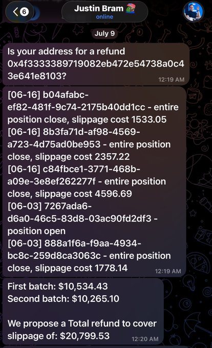 A Telegram conversation with Justin Bram where he shares details of a Variational refund totaling $20,799.53 ($10,534.43 + $10,265.10) to cover slippage costs from multiple position closes caused by a bug, supporting the post's claim of a quick 2-3 day reimbursement process.