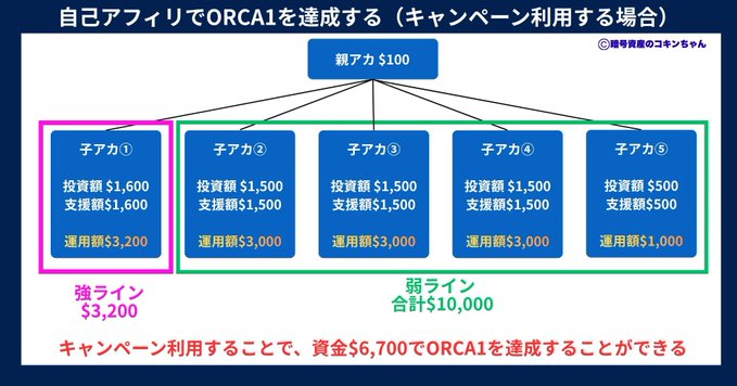 A Japanese infographic diagram explaining how to achieve 'ORCA1' with $100 of one's own funds, showing parent and sub-account investment strategies with amounts like 投資額 (investment) $1,600 and 支援額 (support) $1,600.
