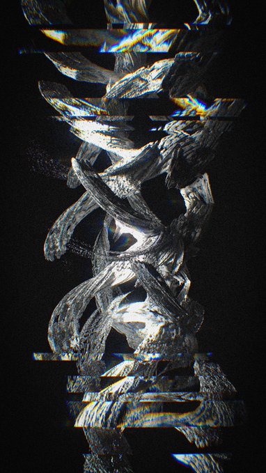 An abstract, glitchy vertical image features distorted silver metallic shapes and curves against a black background with digital artifacts and color fringing.