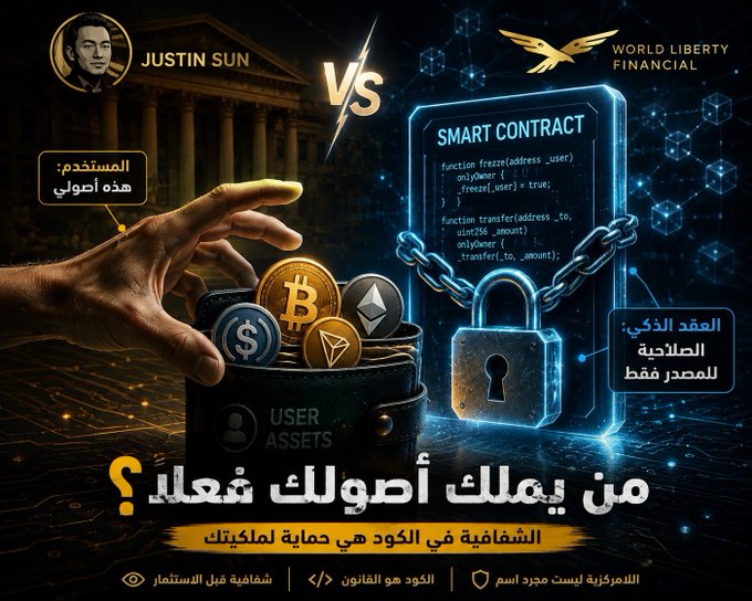 The image is a graphic in Arabic depicting a legal and technological dispute between Justin Sun and World Liberty Financial, featuring a hand holding a wallet of cryptocurrencies (Bitcoin, Ethereum, TRON, USDC) labeled "USER ASSETS" alongside a "SMART CONTRACT" panel secured by a padlock and chains. The text poses the central question: "Who actually owns your assets? Transparency in code is protecting your assets," with annotations noting that the user is the sole owner and the smart contract restricts control to the issuer only.