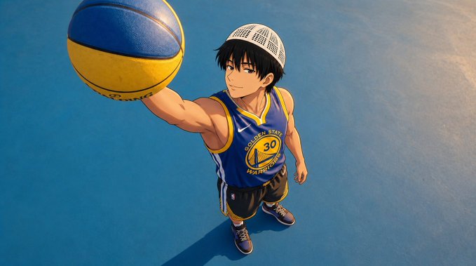 An anime-style basketball player in a Golden State Warriors jersey with number 30 and a backward cap, holding a blue and yellow basketball on a blue court.