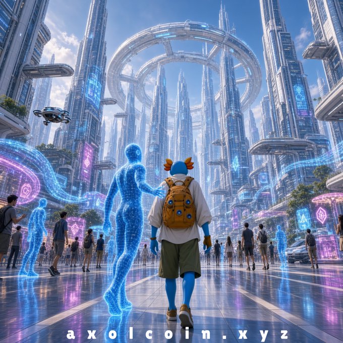 A futuristic sci-fi cityscape shows a blue cartoon-like character with a backpack walking among holographic blue figures, branded 'axolcoin.xyz'.