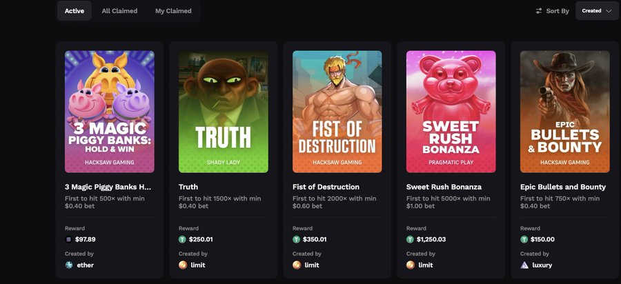 A gaming rewards dashboard showing five slot game cards including '3 Magic Piggy Banks' ($97.89), 'Truth' ($250.01), 'Fist of Destruction' ($350.01), 'Sweet Rush Bonanza' ($1,250.03), and 'Epic Bullets and Bounty' ($150.00).