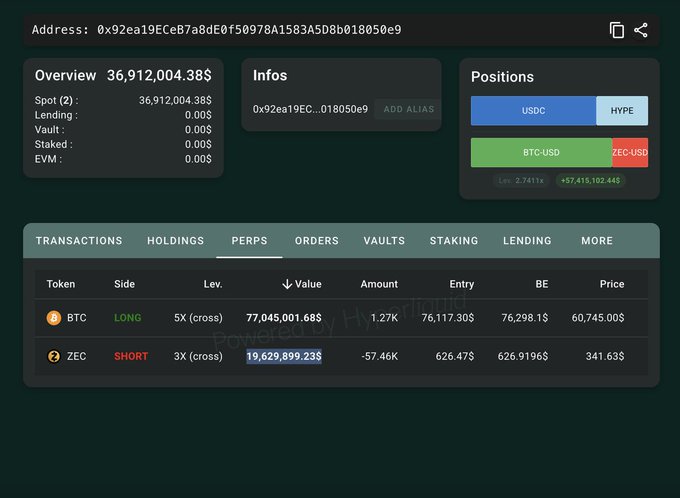 The image shows a screen displaying information about two cryptocurrency markets, one that was profited by a short called "ZEC", and another called "bitcoin". There are multiple columns of data within this shorting screen, including positions, transactions, fees, and holdings. The background color is green, which provides contrast to the various elements on display.