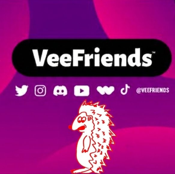 A promotional graphic for 'VeeFriends' featuring a cartoon hedgehog character on a pink and purple background, with social media icons and the handle '@VEEFRIENDS'.